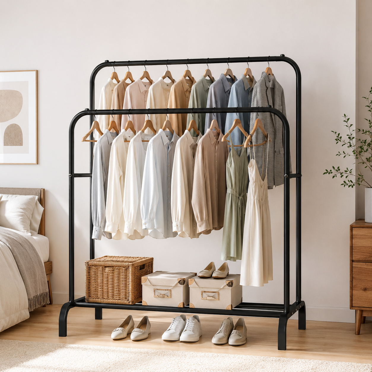 Double Rod closet Rack for Clothes with Shelves – Freestanding Metal Garment Rack Organizer