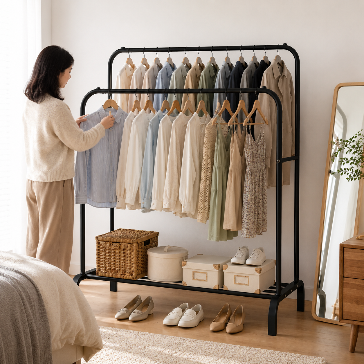 Double Rod closet Rack for Clothes with Shelves – Freestanding Metal Garment Rack Organizer