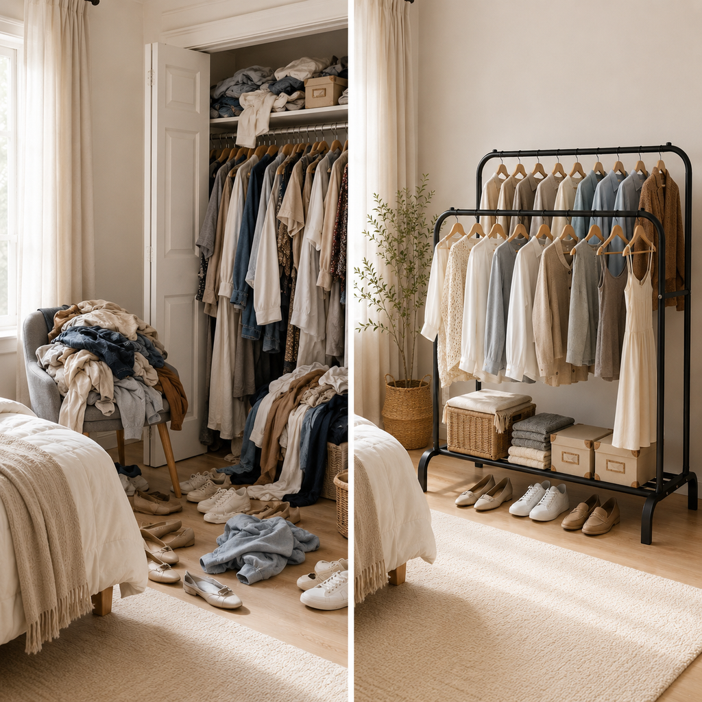 Double Rod closet Rack for Clothes with Shelves – Freestanding Metal Garment Rack Organizer
