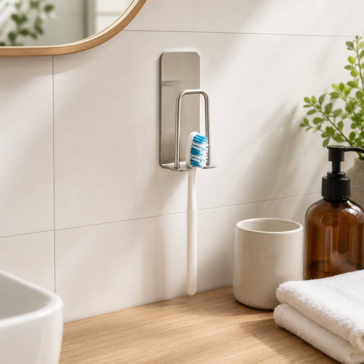 1 or 2 Piece | No Drill-- Adhesive Wall Mounted Toothbrush Holder – No-Drill Stainless Steel Bathroom Organizer | Silver