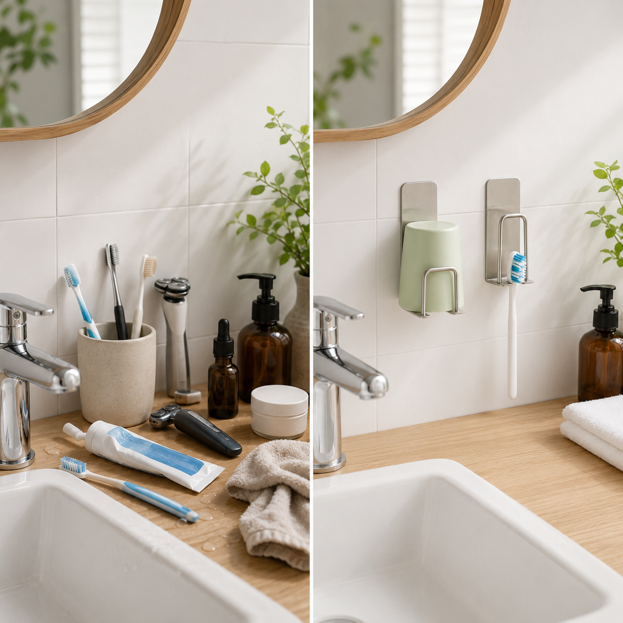 1 or 2 Piece | No Drill-- Adhesive Wall Mounted Toothbrush Holder – No-Drill Stainless Steel Bathroom Organizer | Silver