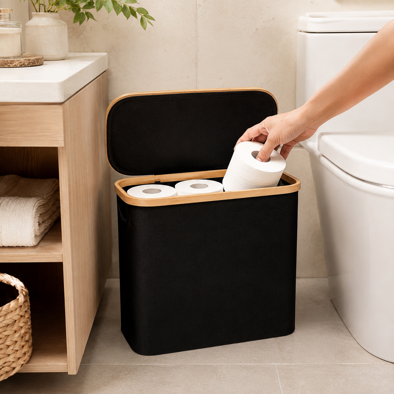 28L Toilet Paper Storage Basket with Bamboo Lid – Large Collapsible Bathroom Organizer