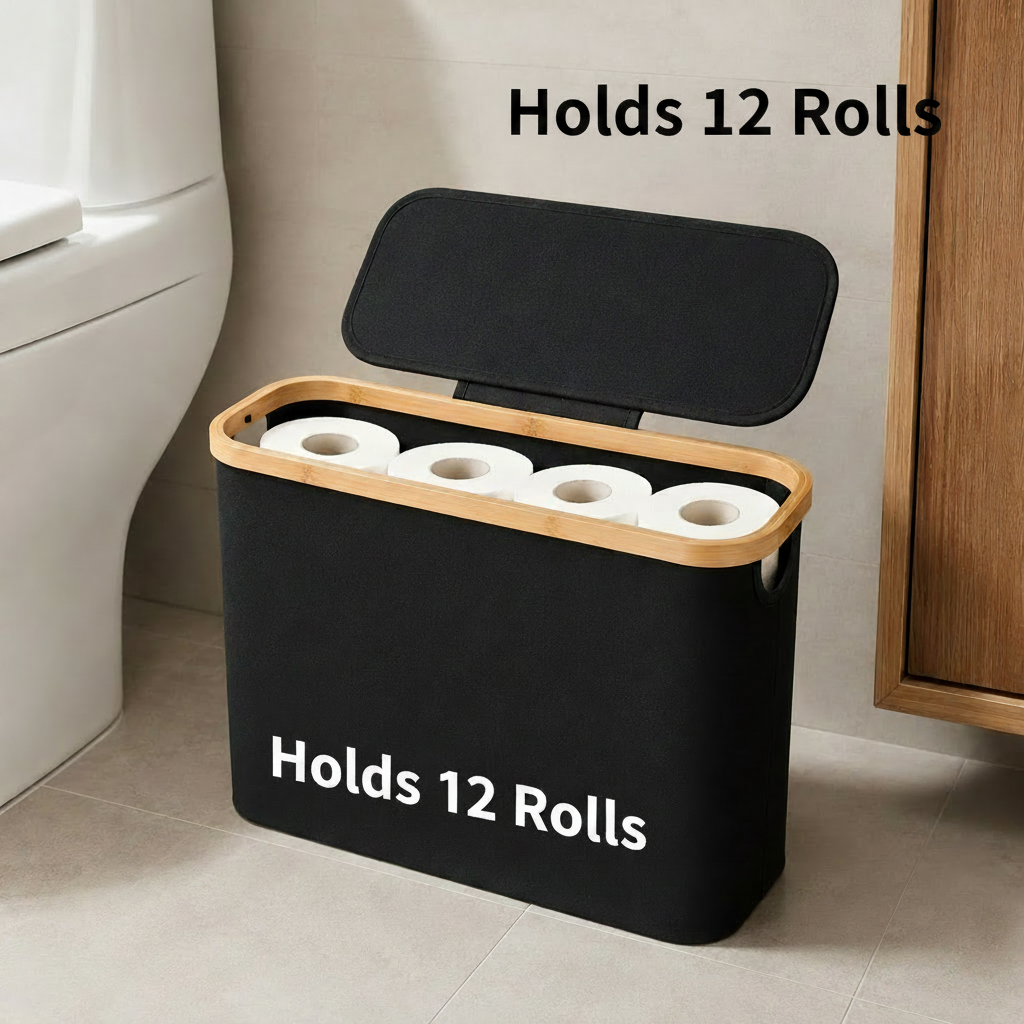 28L Toilet Paper Storage Basket with Bamboo Lid – Large Collapsible Bathroom Organizer