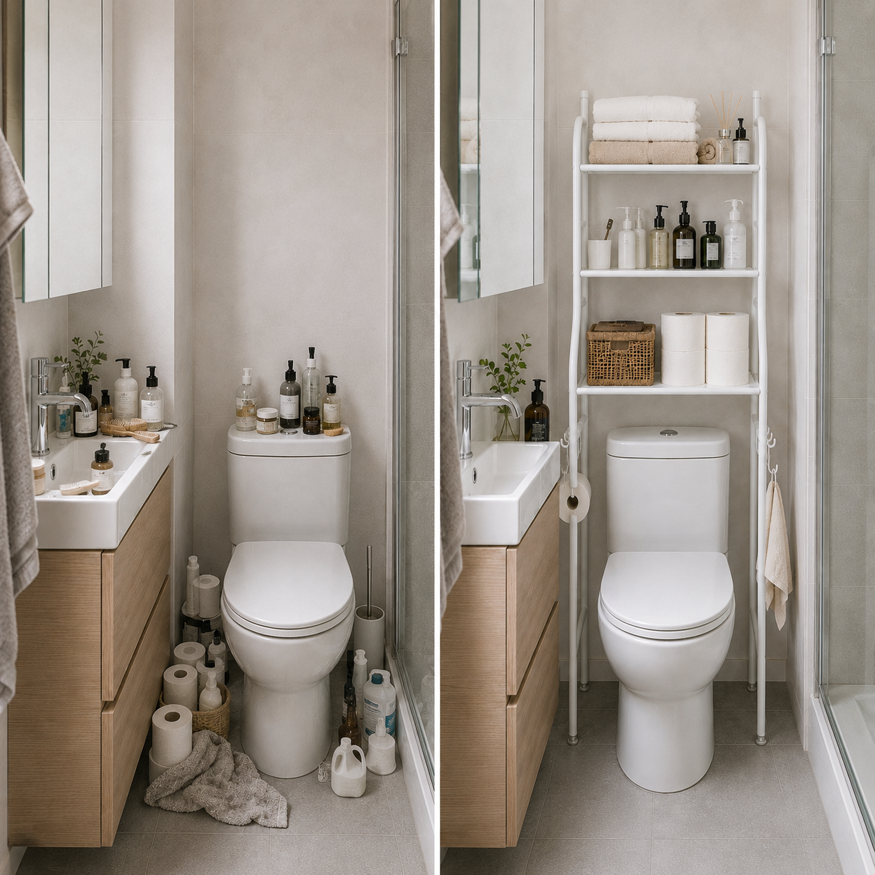 Metal Over-The-Toilet Storage Rack – 3-Tier Metal Bathroom Organizer with Removable Towel Hooks