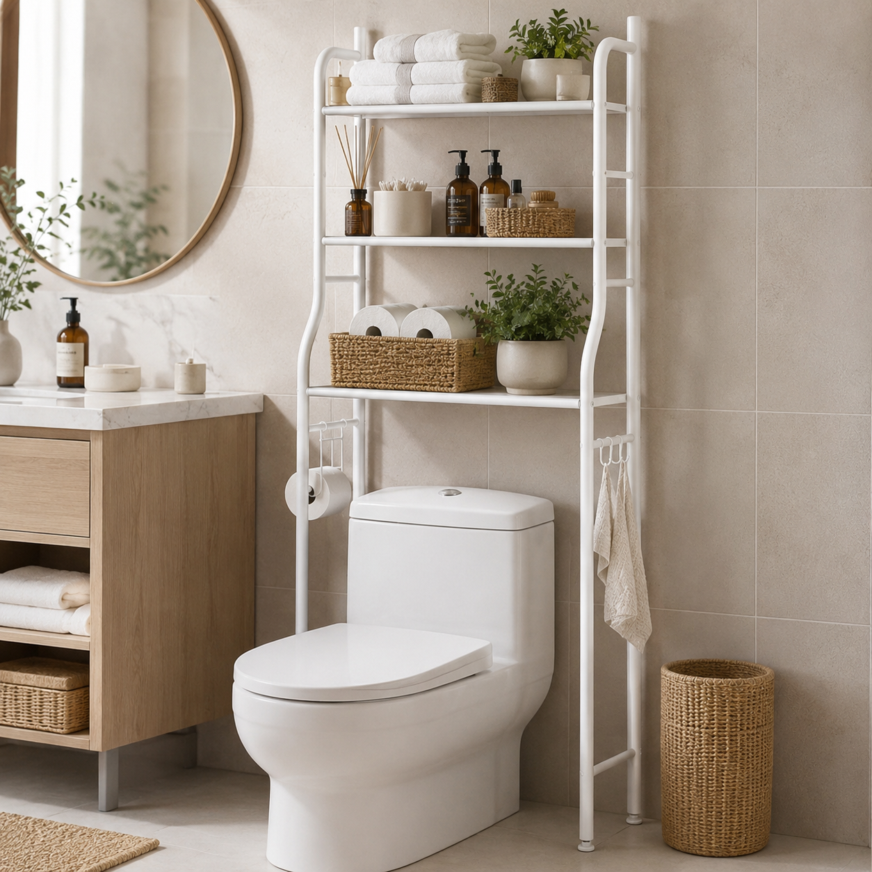 Metal Over-The-Toilet Storage Rack – 3-Tier Metal Bathroom Organizer with Removable Towel Hooks