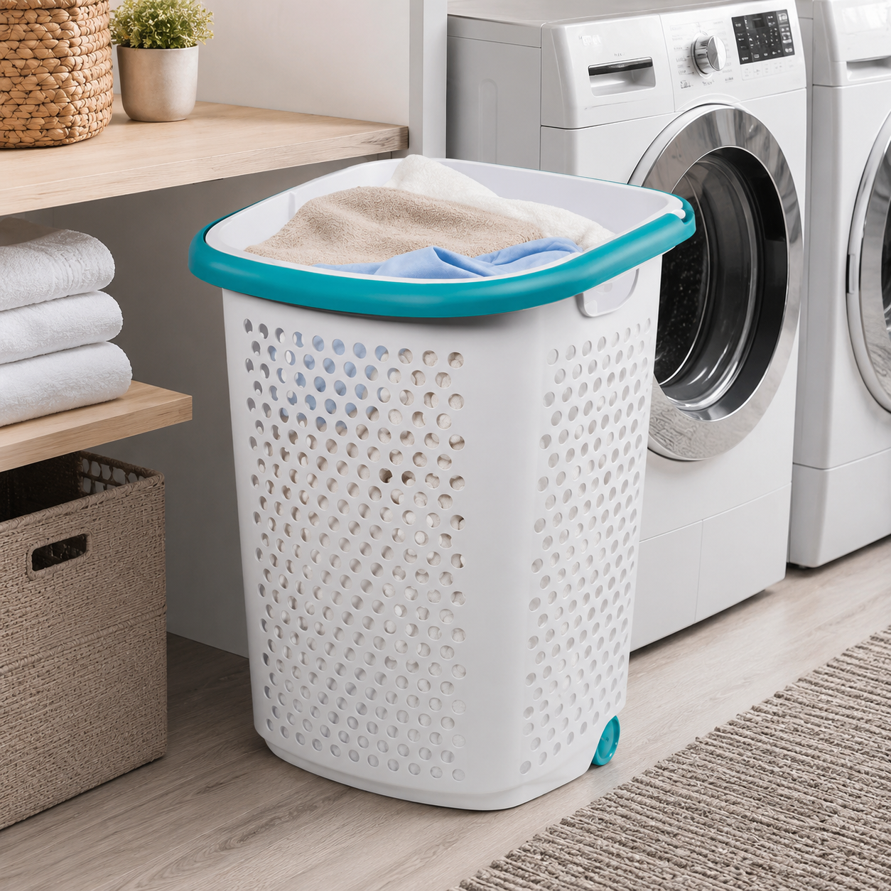 Rolling Laundry Hamper with Wheels – 2-Bushel Plastic Laundry Basket with Pop-Up Handle