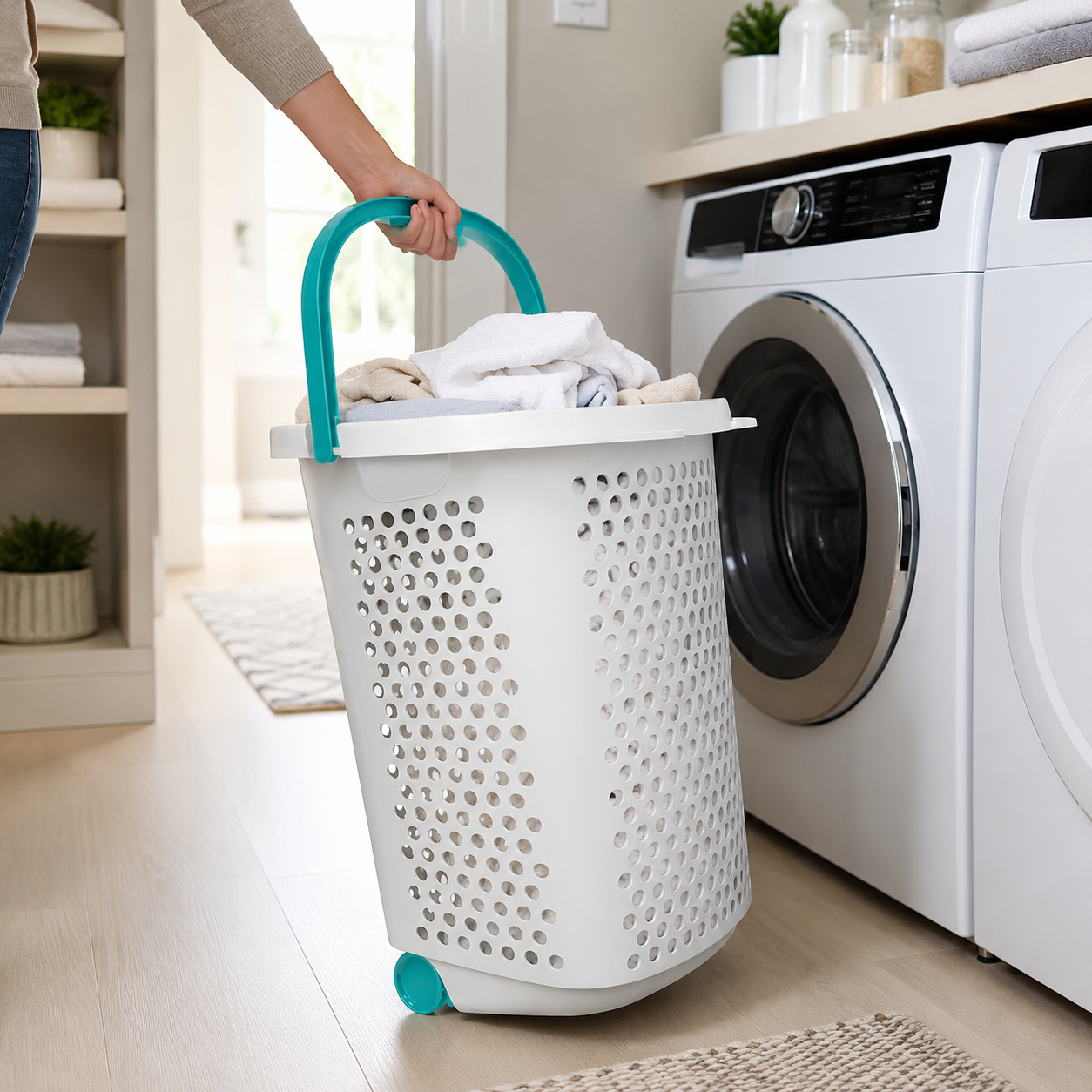 Rolling Laundry Hamper with Wheels – 2-Bushel Plastic Laundry Basket with Pop-Up Handle
