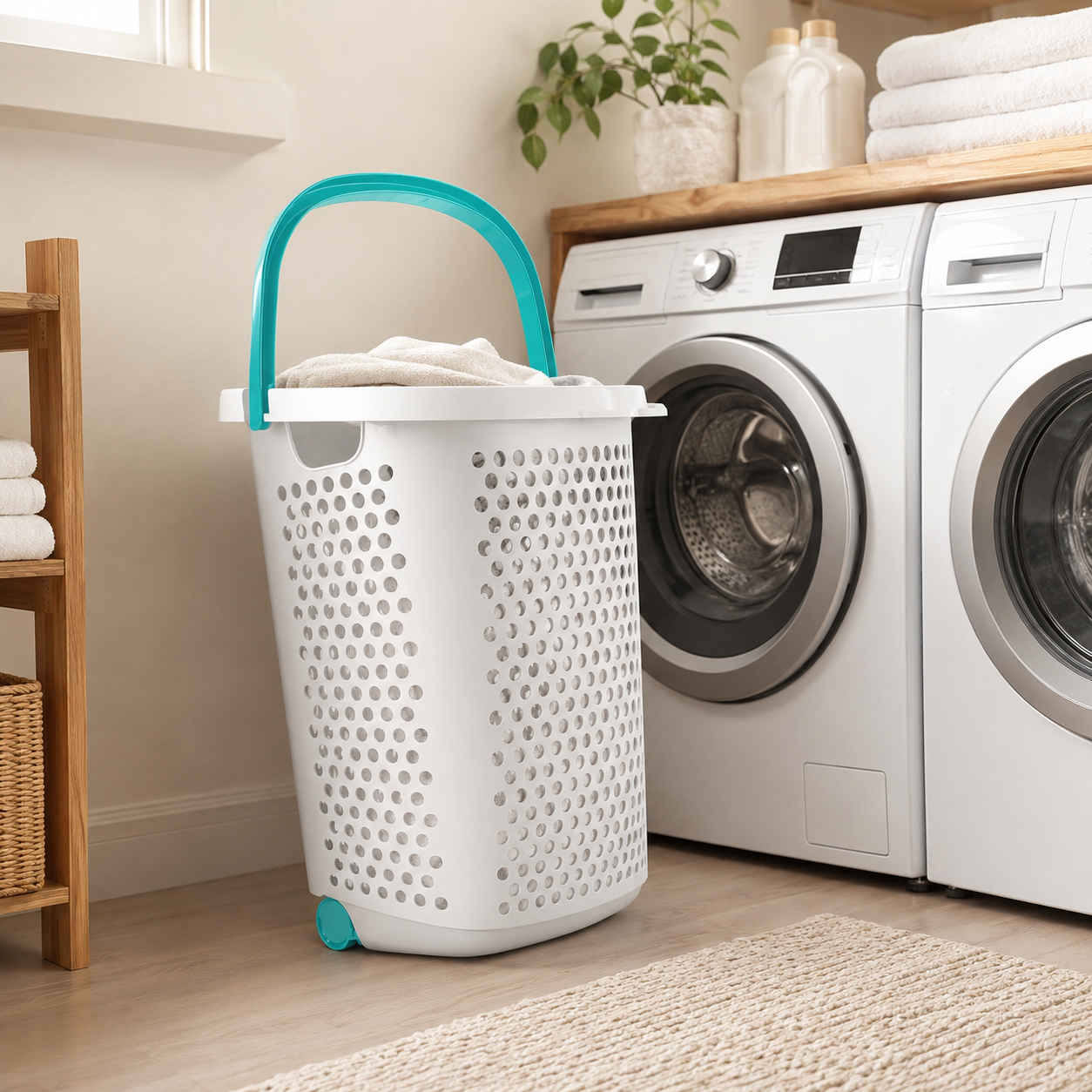 Rolling Laundry Hamper with Wheels – 2-Bushel Plastic Laundry Basket with Pop-Up Handle