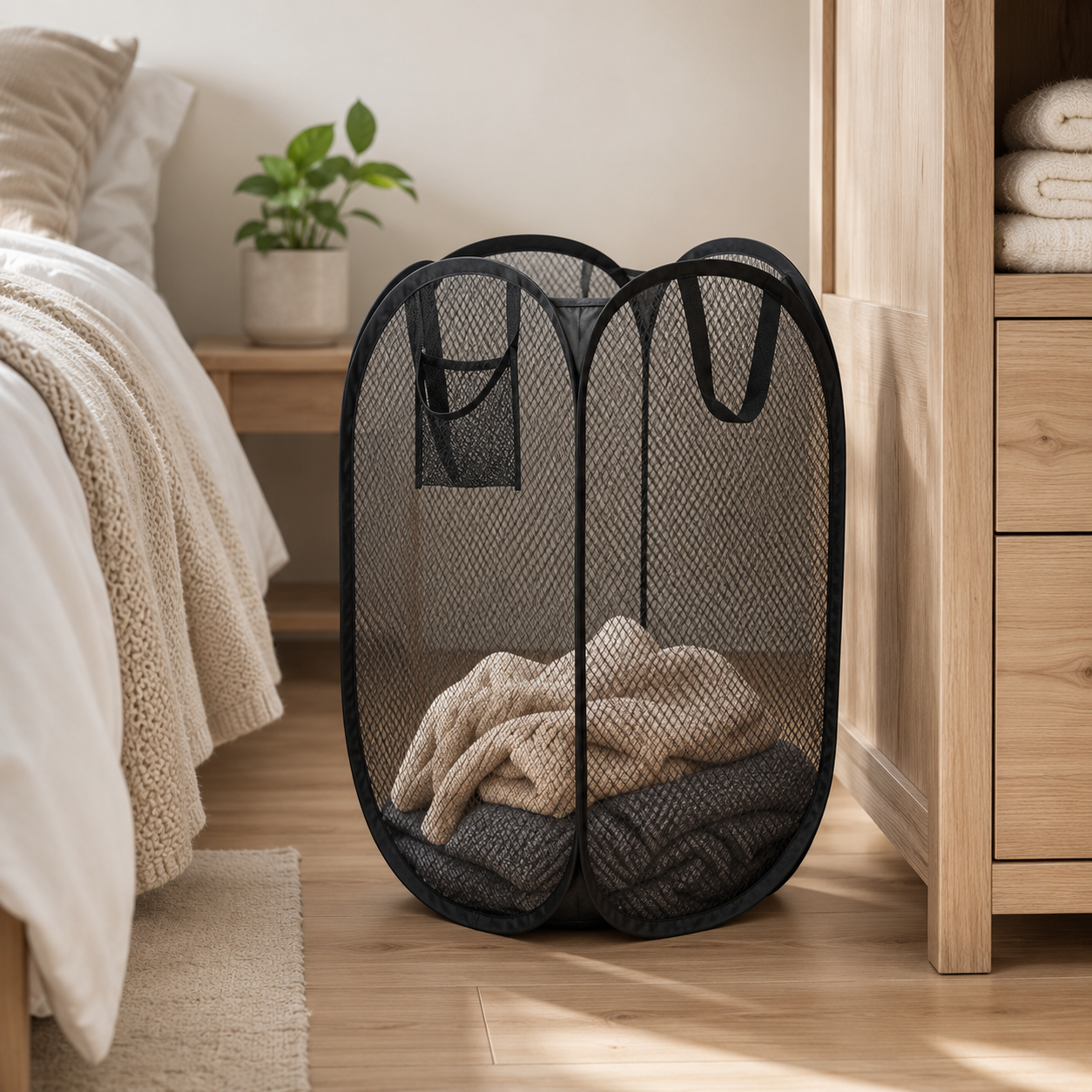Folding Mesh Laundry Basket – Collapsible Dirty Clothes Hamper | Black or White