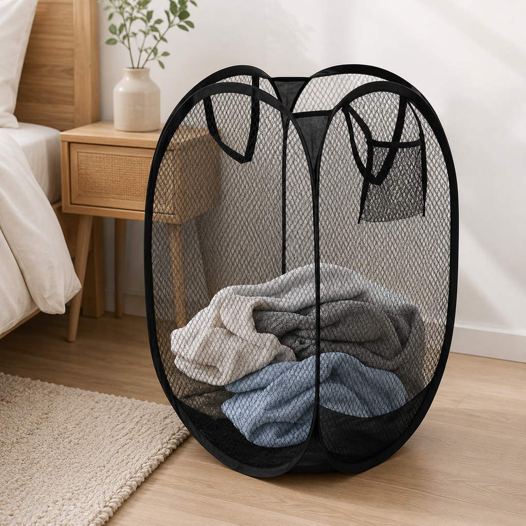 Folding Mesh Laundry Basket – Collapsible Dirty Clothes Hamper | Black or White