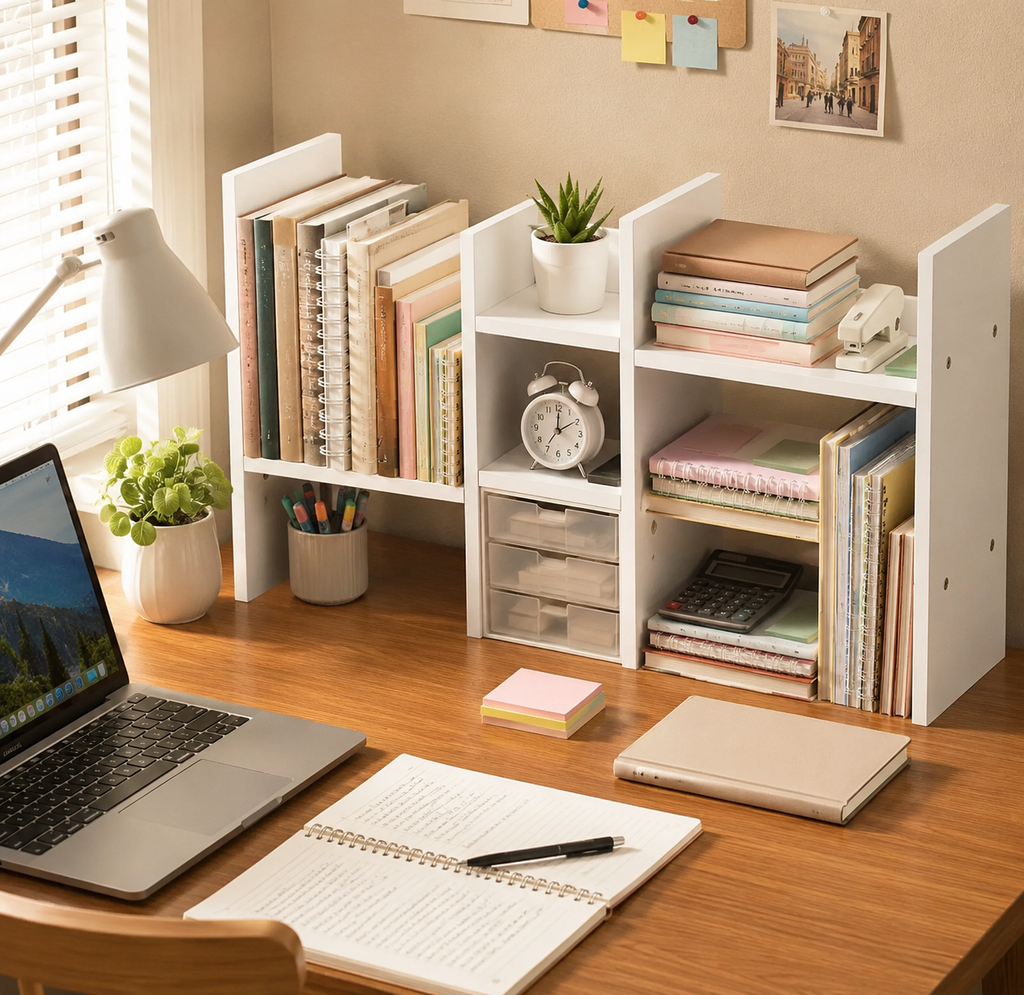 Adjustable Wooden Desktop Shelf Organizer – Office Desk Storage Rack & Small Bookshelf