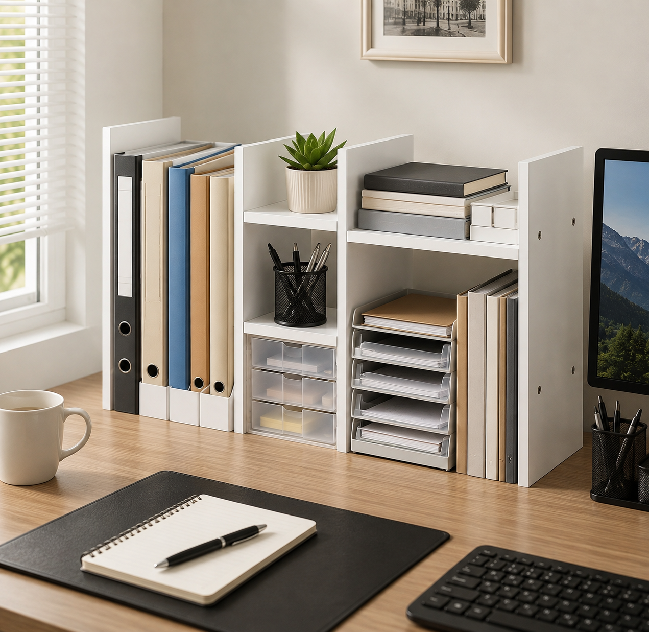Adjustable Wooden Desktop Shelf Organizer – Office Desk Storage Rack & Small Bookshelf