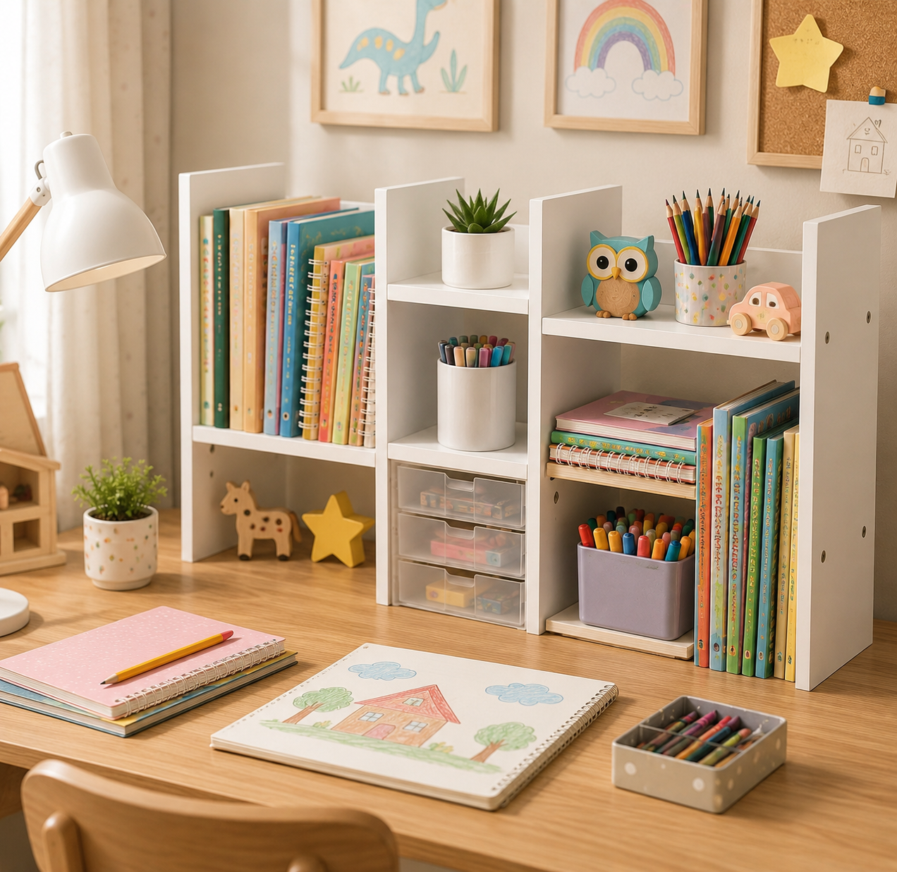 Adjustable Wooden Desktop Shelf Organizer – Office Desk Storage Rack & Small Bookshelf