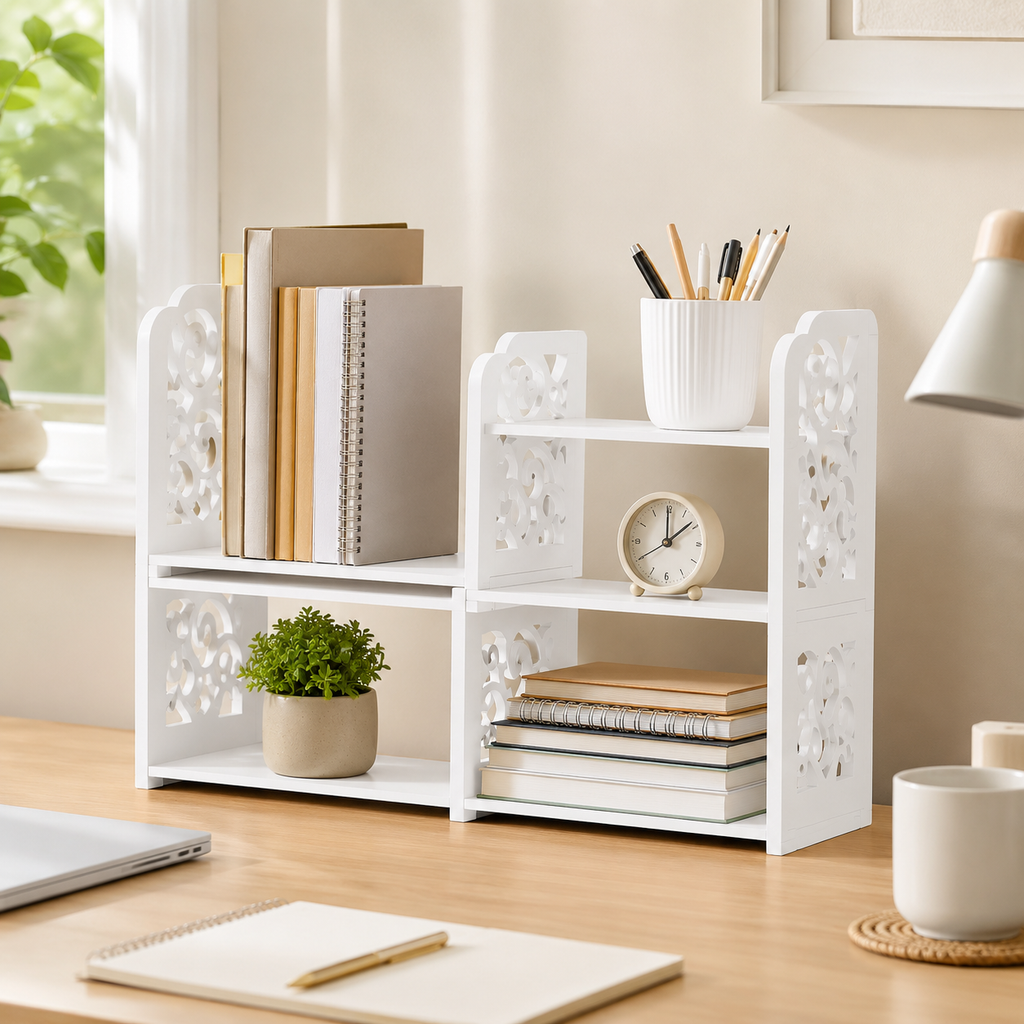 Adjustable Desktop Organizer Shelf – Expandable Waterproof PU Desk Storage Rack