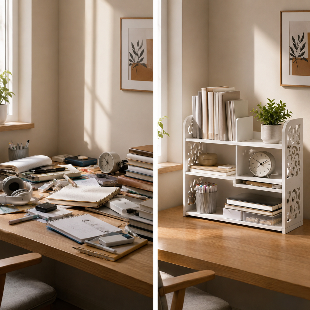 Adjustable Desktop Organizer Shelf – Expandable Waterproof PU Desk Storage Rack