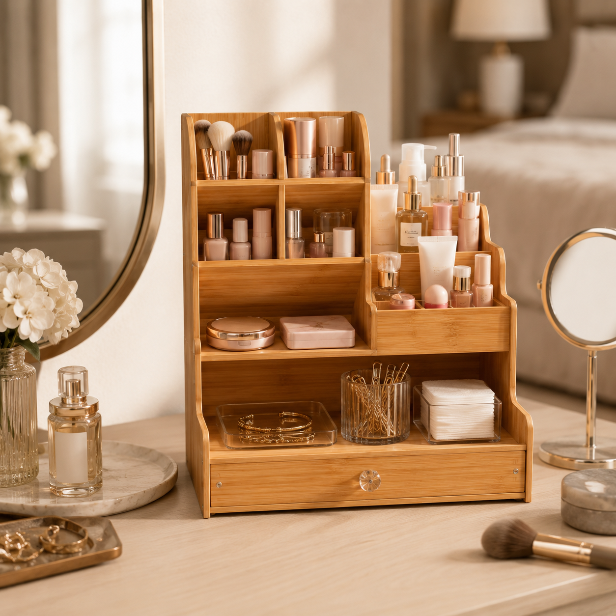 Multi -purpose Wooden Desk Organizer with Drawer – Multi-Compartment Pen Holder & Stationery Storage or vanity storage