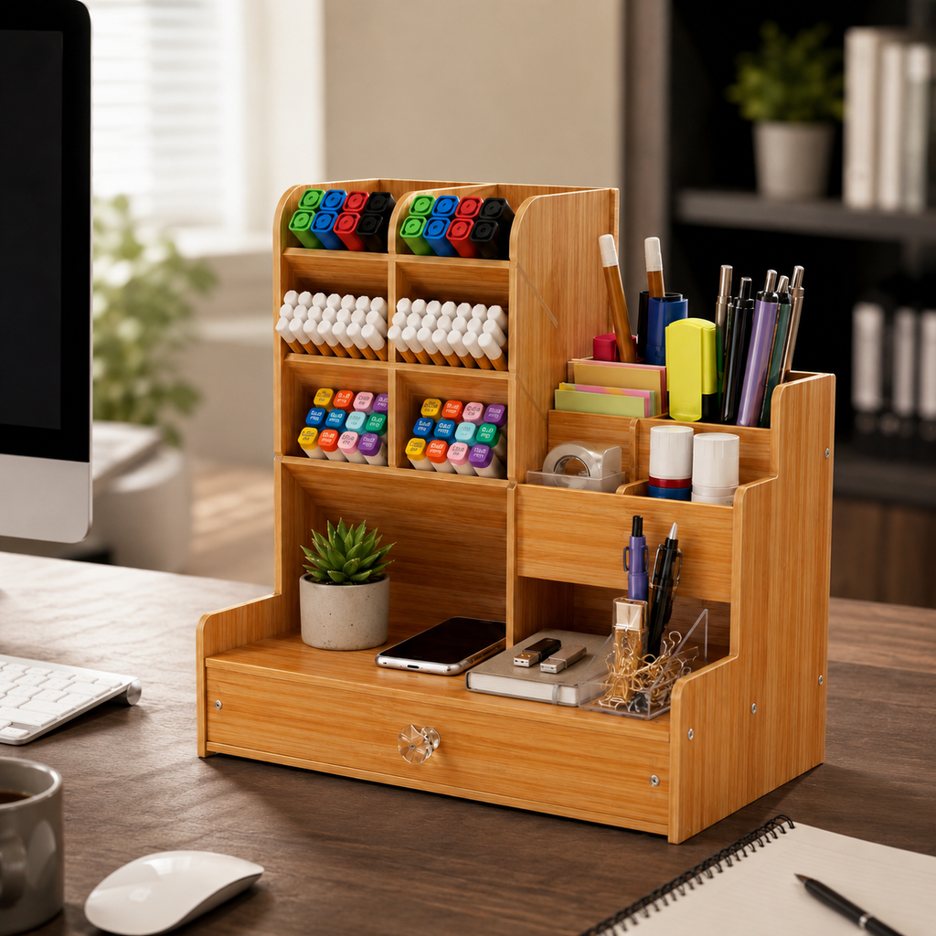 Multi -purpose Wooden Desk Organizer with Drawer – Multi-Compartment Pen Holder & Stationery Storage or vanity storage