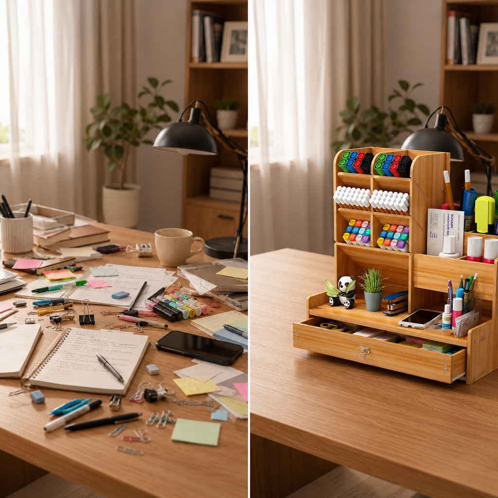 Multi -purpose Wooden Desk Organizer with Drawer – Multi-Compartment Pen Holder & Stationery Storage or vanity storage