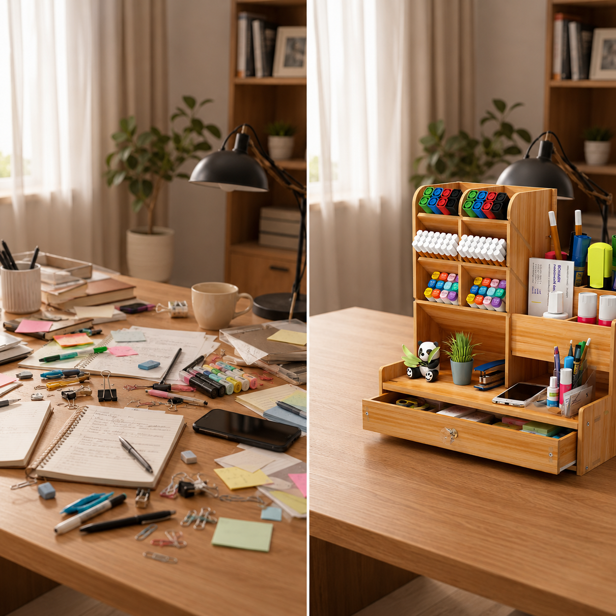 Multi -purpose Wooden Desk Organizer with Drawer – Multi-Compartment Pen Holder & Stationery Storage or vanity storage