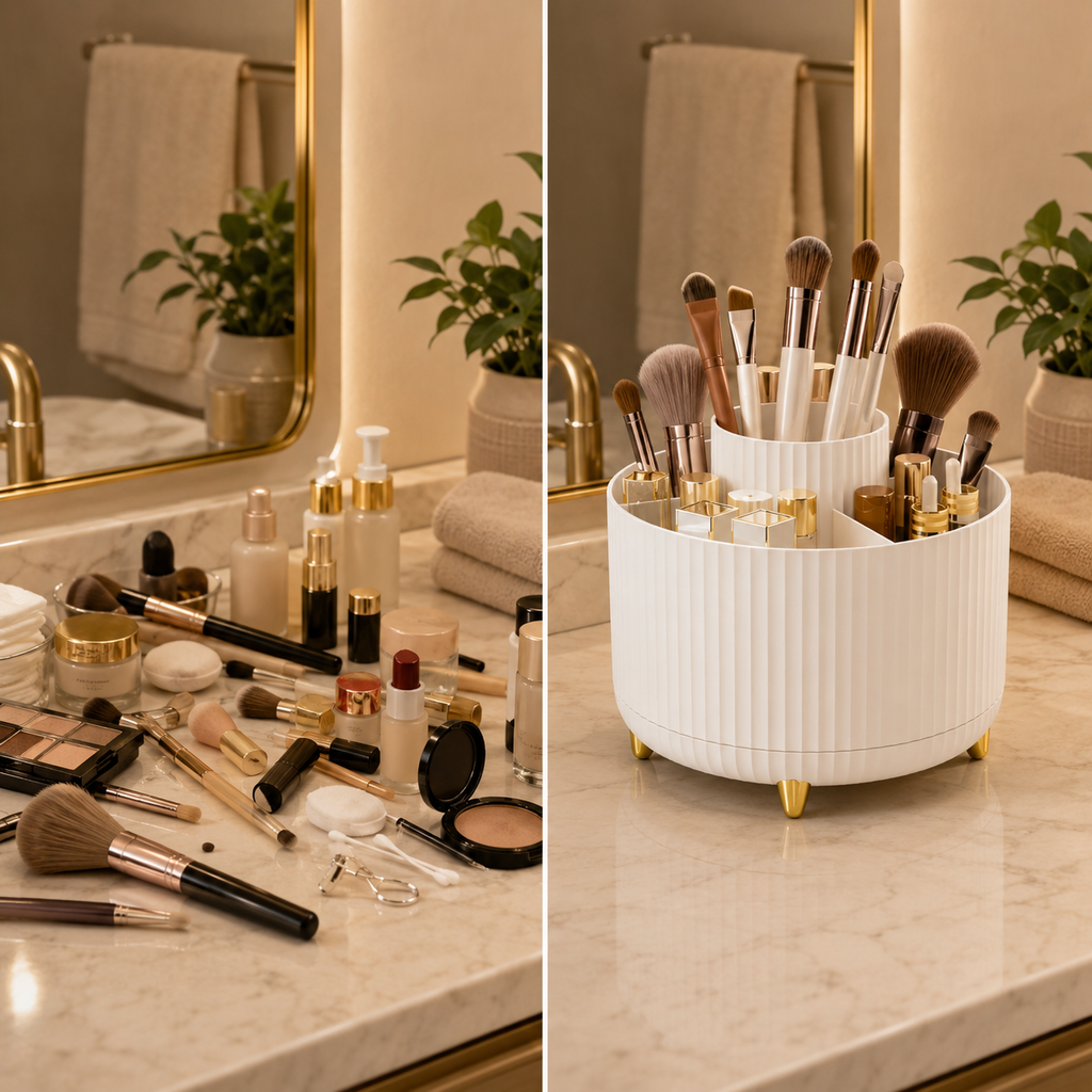 360° Rotating Makeup Organizer – 5-Compartment Cosmetic Storage for Brushes, Skincare & Beauty