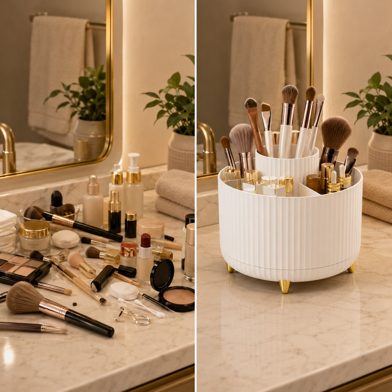 360° Rotating Makeup Organizer – 5-Compartment Cosmetic Storage for Brushes, Skincare & Beauty