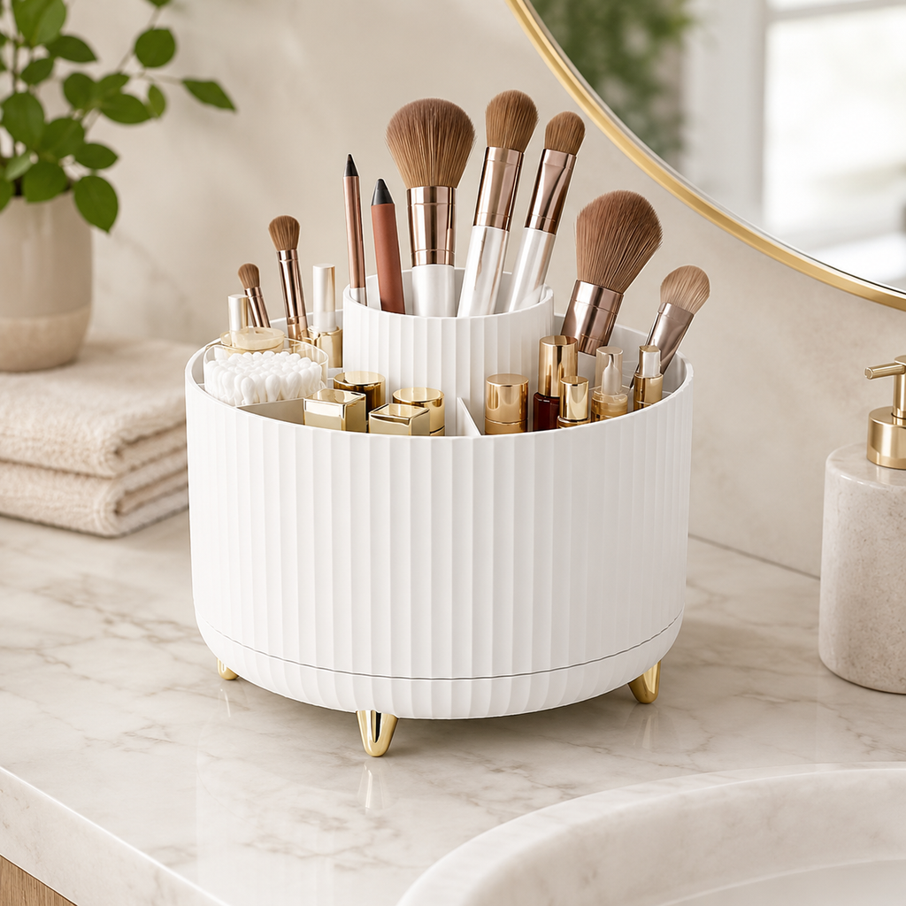 360° Rotating Makeup Organizer – 5-Compartment Cosmetic Storage for Brushes, Skincare & Beauty