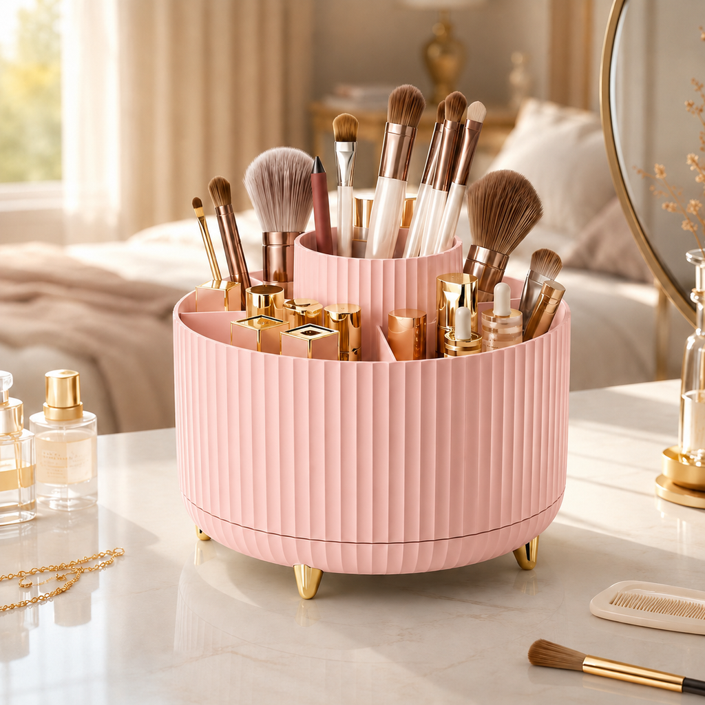 360° Rotating Makeup Organizer – 5-Compartment Cosmetic Storage for Brushes, Skincare & Beauty