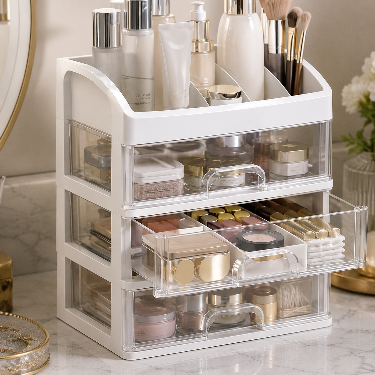 Multi-Layer Makeup Organizer with Drawers – 4-Tier Desktop Cosmetic Storage Box | White