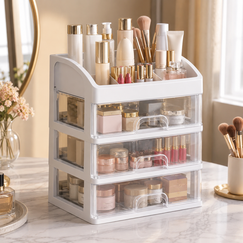 Multi-Layer Makeup Organizer with Drawers – 4-Tier Desktop Cosmetic Storage Box | White