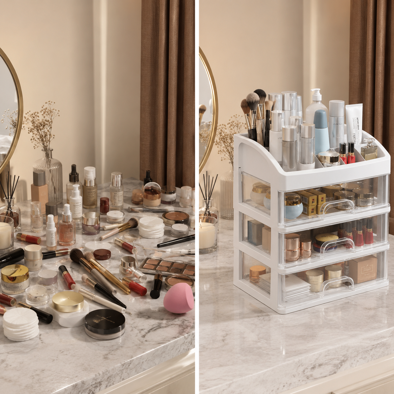 Multi-Layer Makeup Organizer with Drawers – 4-Tier Desktop Cosmetic Storage Box | White
