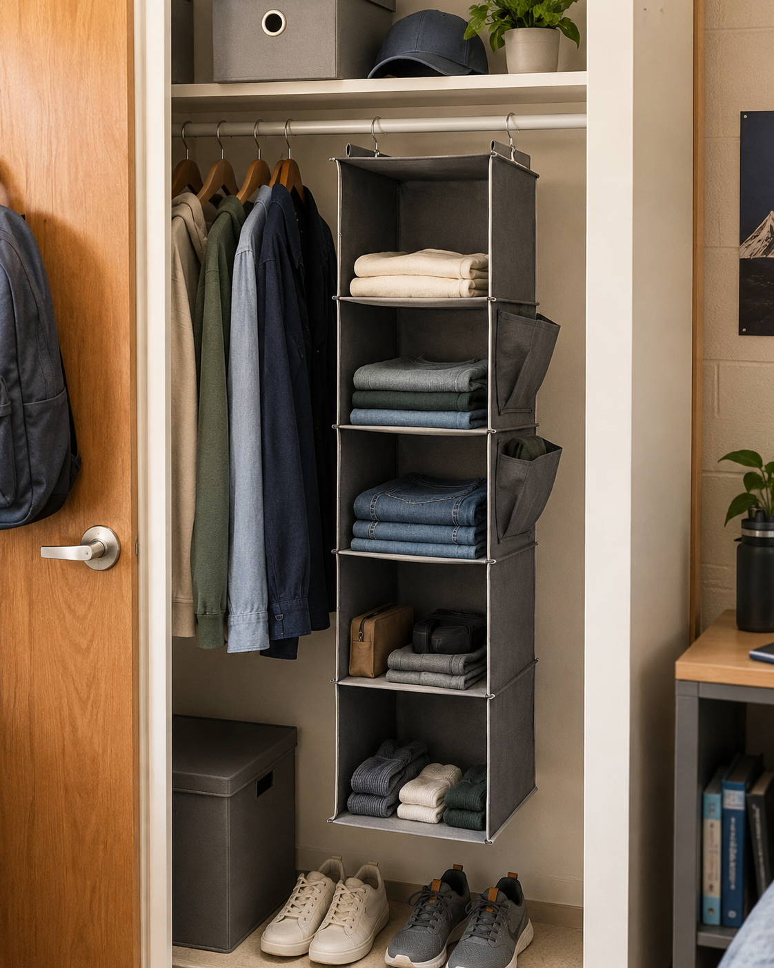 Hanging Closet Organizer with hooks – 5-Tier Foldable Wardrobe Storage Shelf | Grey