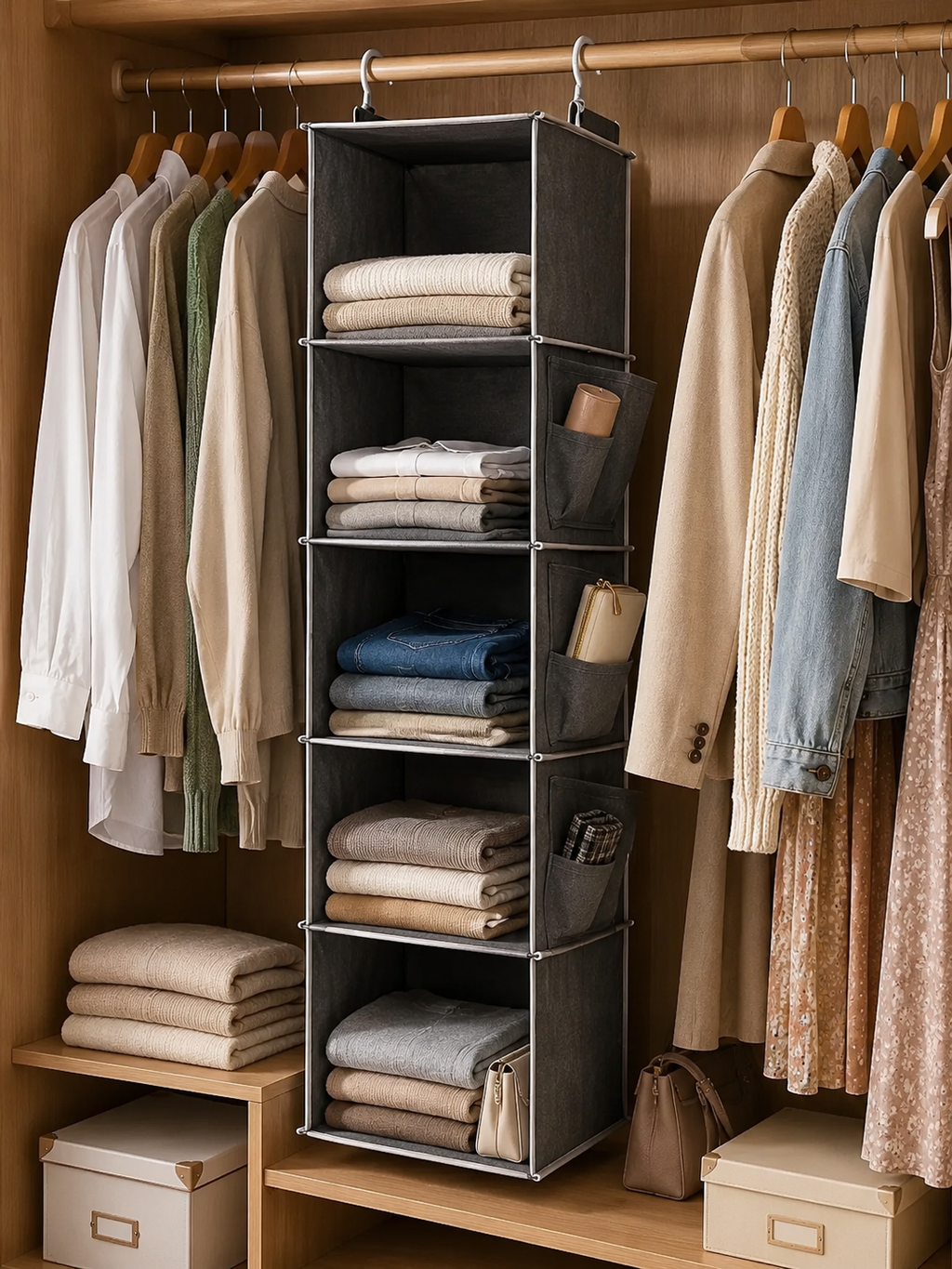 Hanging Closet Organizer with hooks – 5-Tier Foldable Wardrobe Storage Shelf | Grey