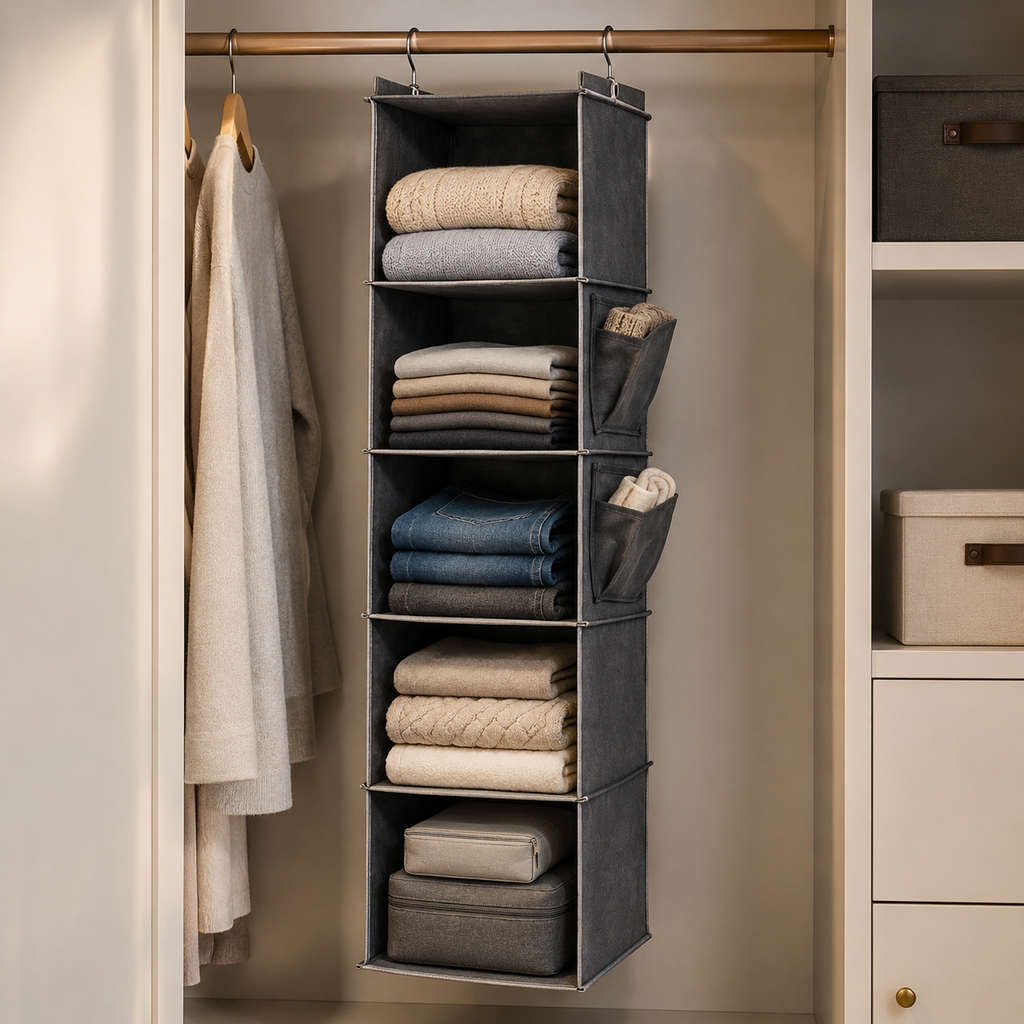 Hanging Closet Organizer with hooks – 5-Tier Foldable Wardrobe Storage Shelf | Grey