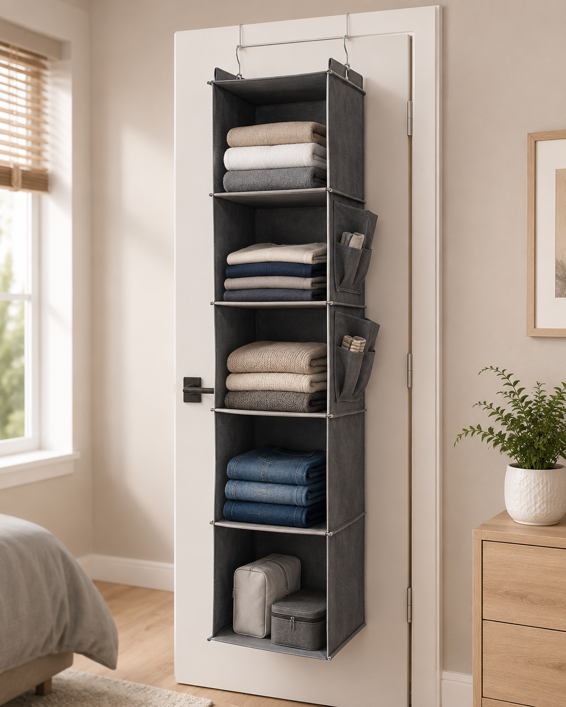 Hanging Closet Organizer with hooks – 5-Tier Foldable Wardrobe Storage Shelf | Grey