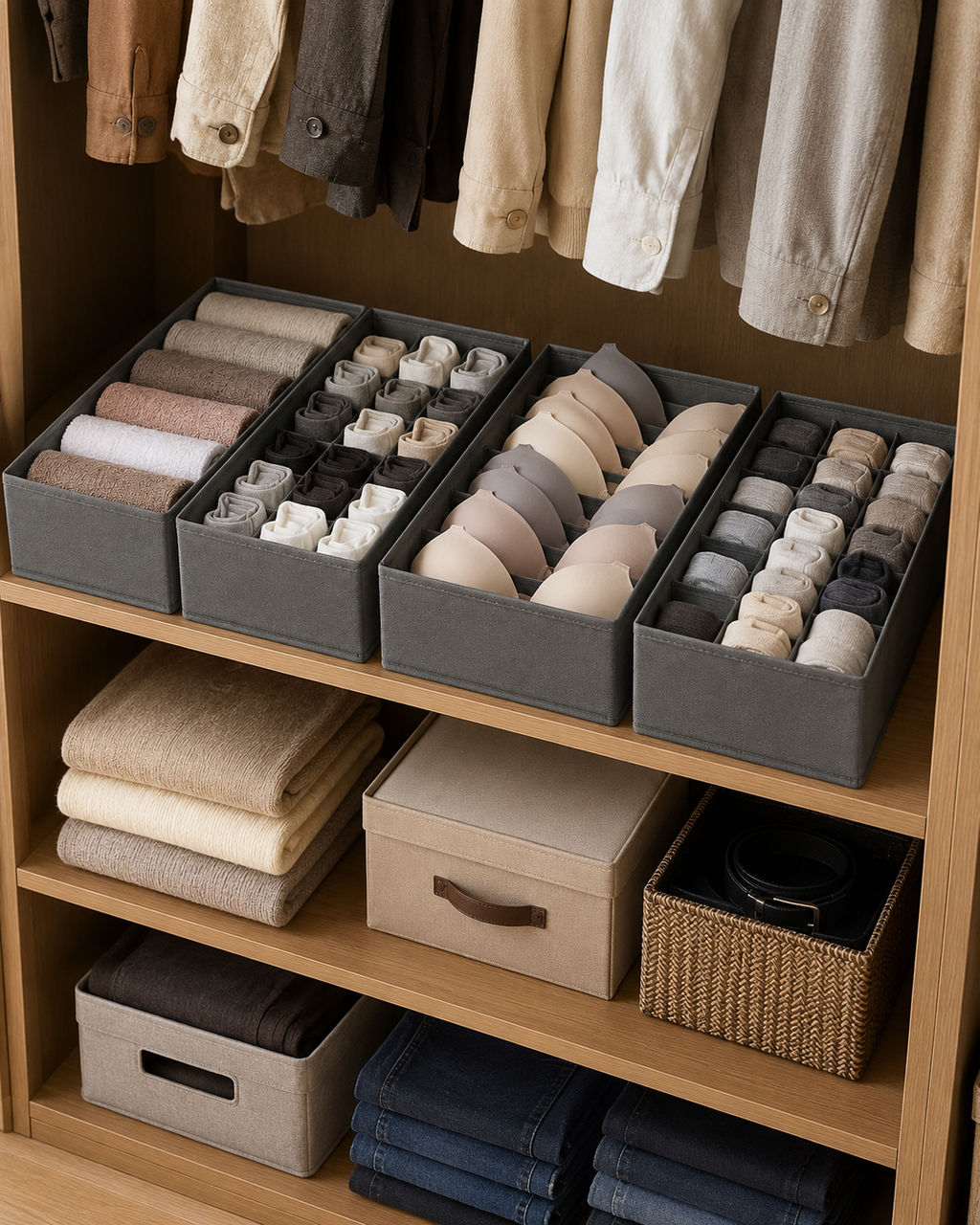 4-Pack Foldable Drawer Organizer Set – Fabric Closet Dividers for Clothes, Underwear & Socks | Grey