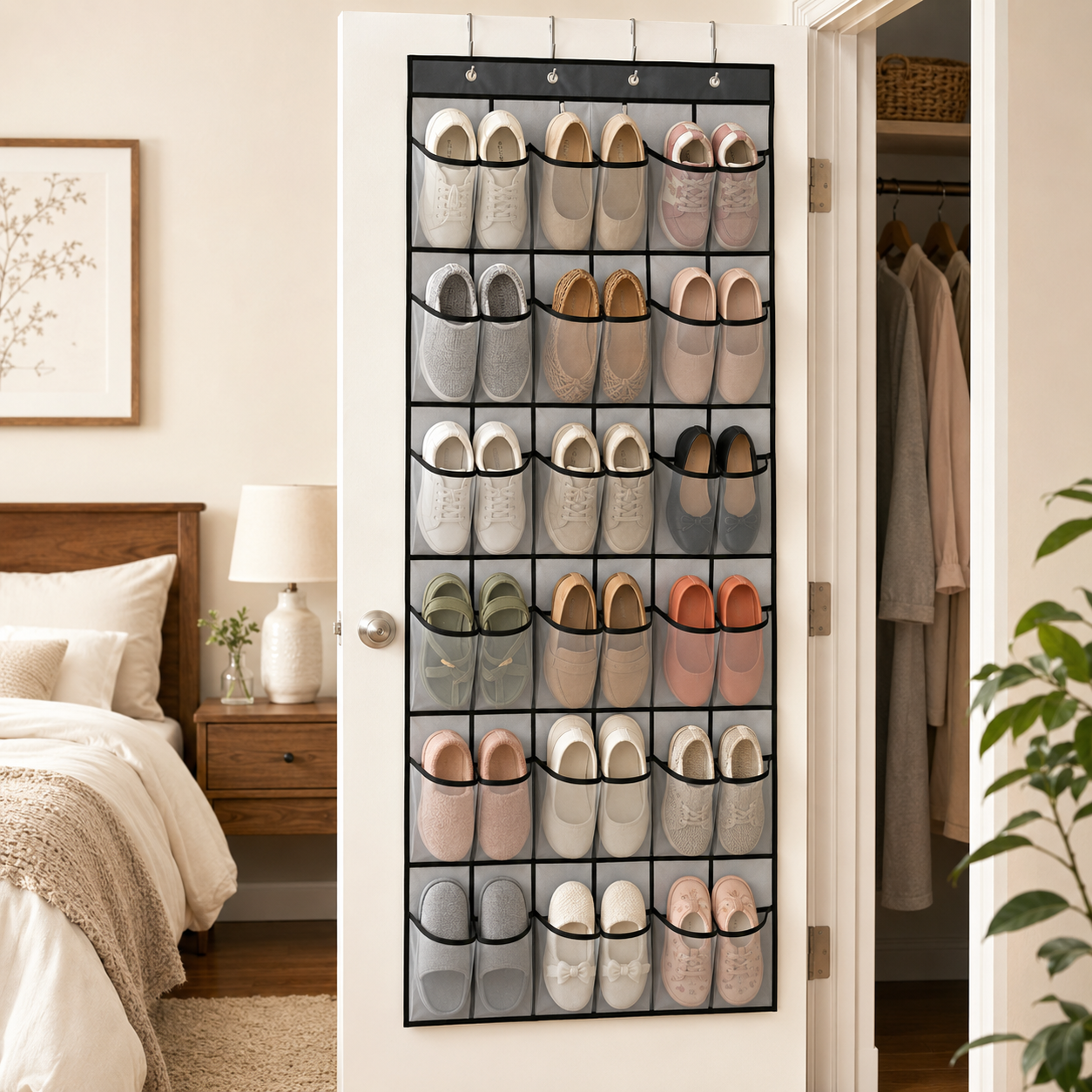 24-Grid Hanging Door Organizer with Pockets – Foldable Storage for Shoes, Underwear & Accessories | White, Black, Gray