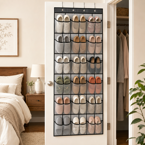 24-Grid Hanging Door Organizer with Pockets – Foldable Storage for Shoes, Underwear & Accessories | White, Black, Gray