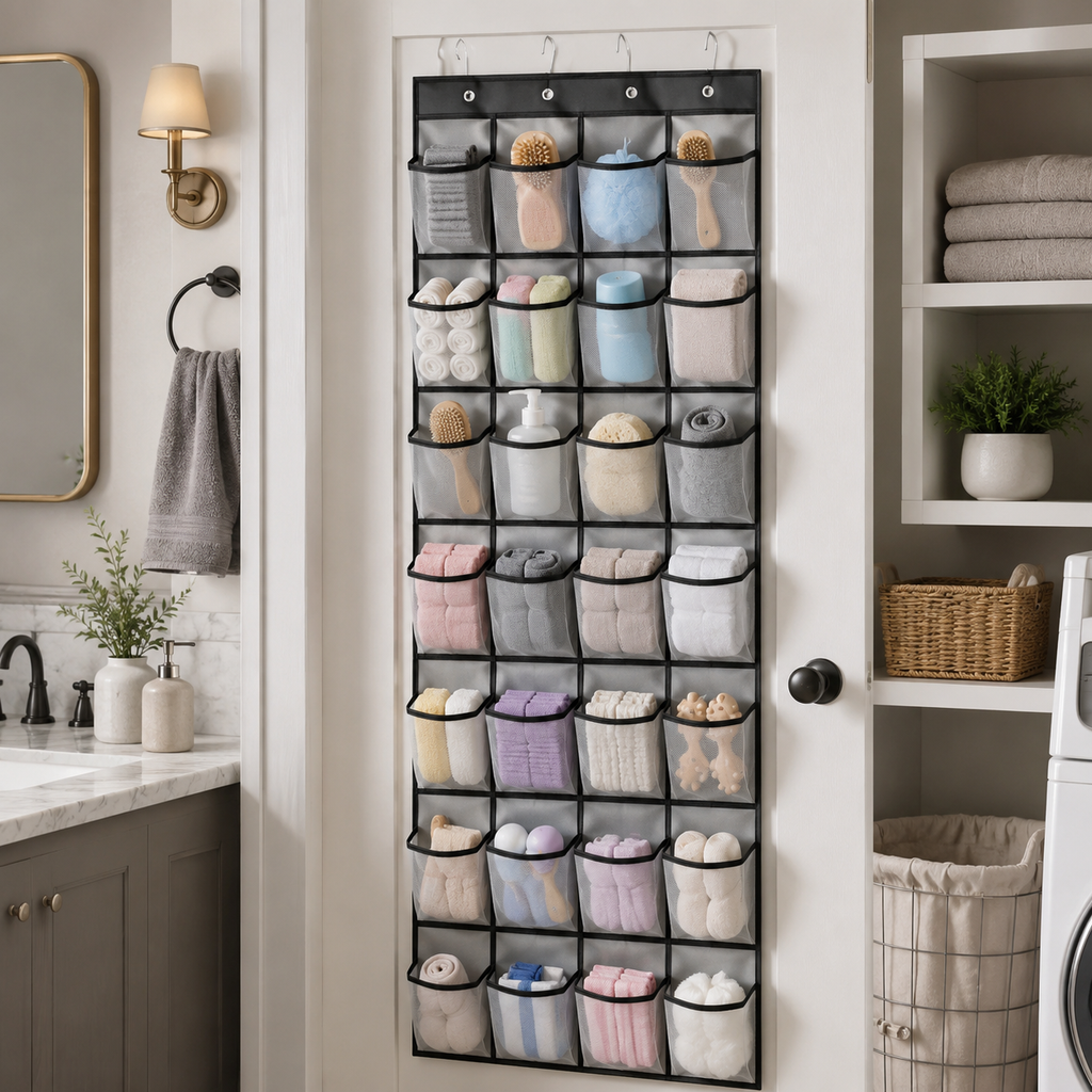 24-Grid Hanging Door Organizer with Pockets – Foldable Storage for Shoes, Underwear & Accessories | White, Black, Gray