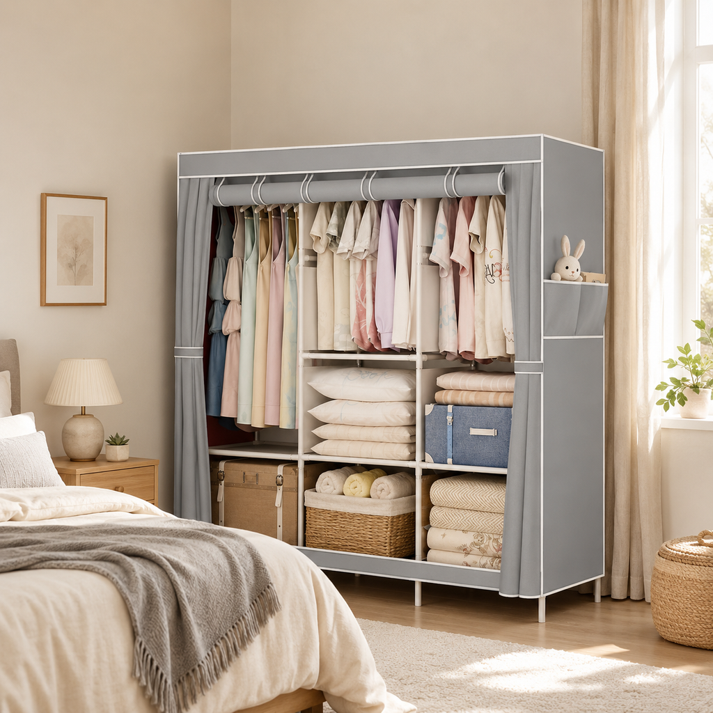 Portable Wardrobe Closet – Large Capacity Clothes Storage Organizer with Hanging Rod & Shelves | Gray