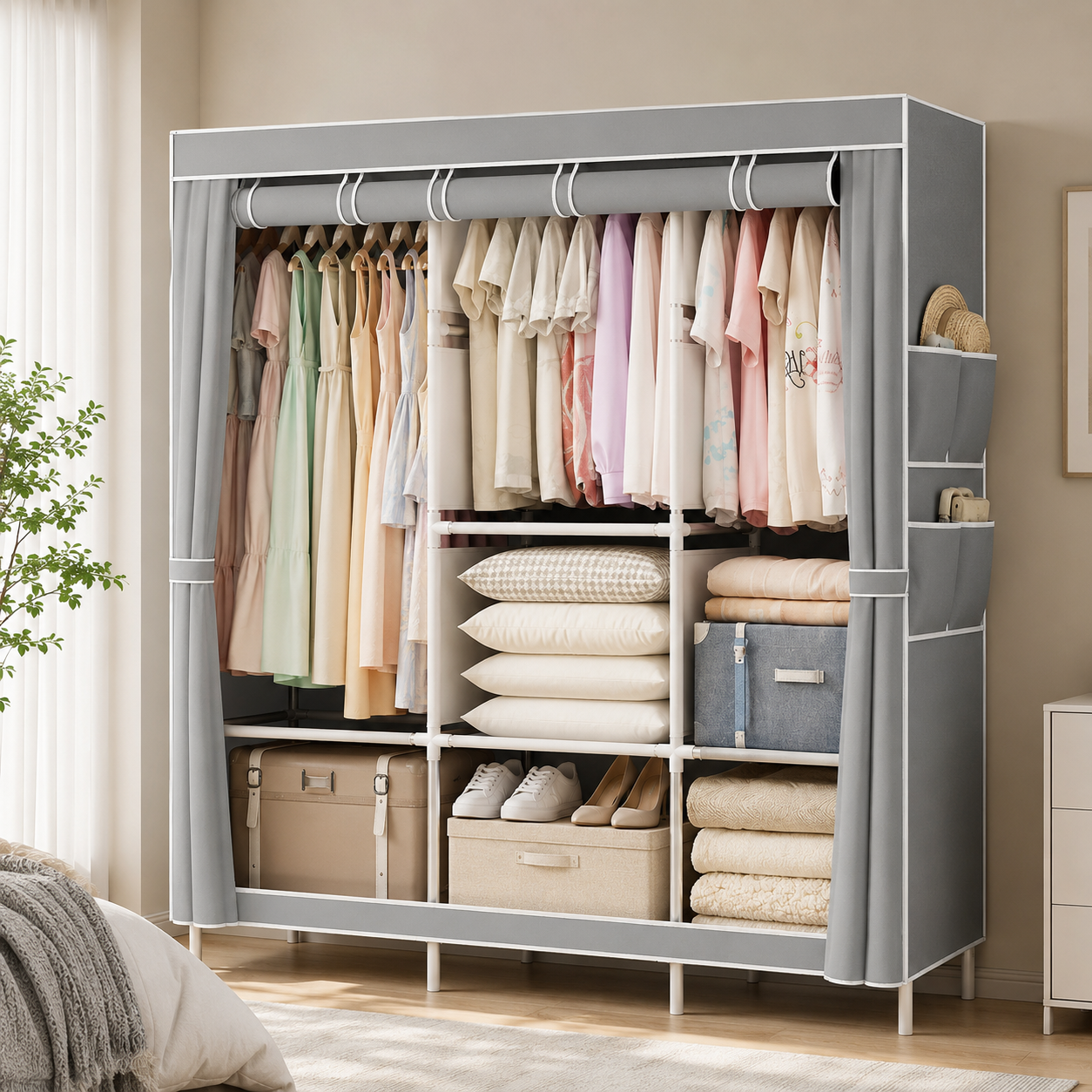 Portable Wardrobe Closet – Large Capacity Clothes Storage Organizer with Hanging Rod & Shelves | Gray