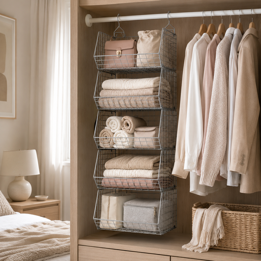 5-tier Closet Hanging Organizer with Hooks & Wire Baskets – Multi-Tier Storage Shelves | Light Grey