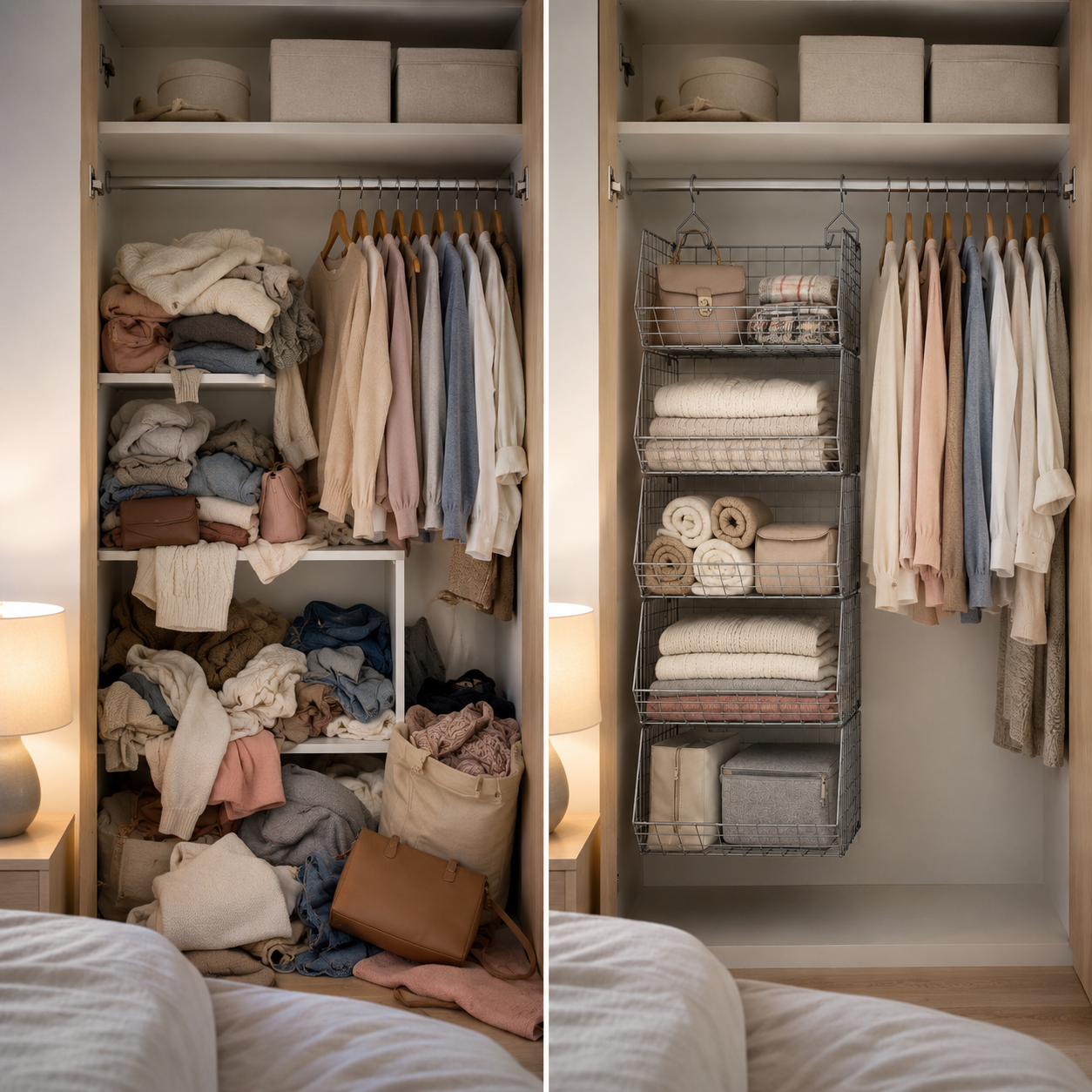 5-tier Closet Hanging Organizer with Hooks & Wire Baskets – Multi-Tier Storage Shelves | Light Grey