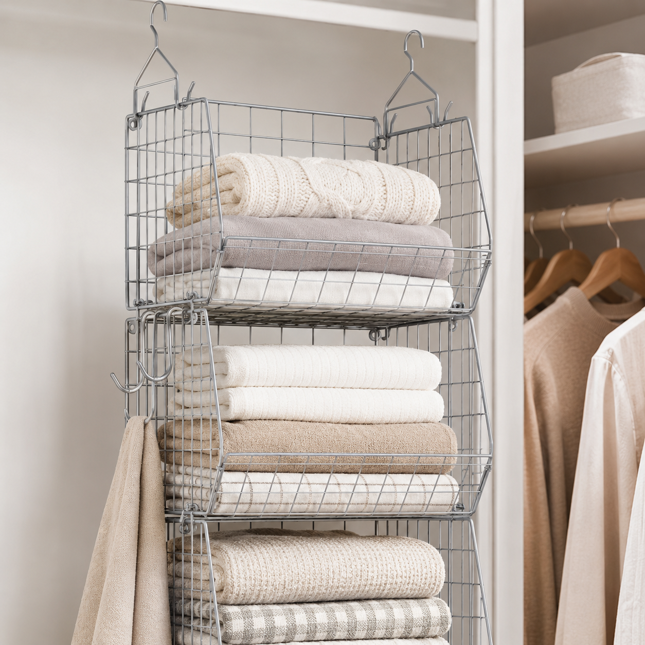 5-tier Closet Hanging Organizer with Hooks & Wire Baskets – Multi-Tier Storage Shelves | Light Grey