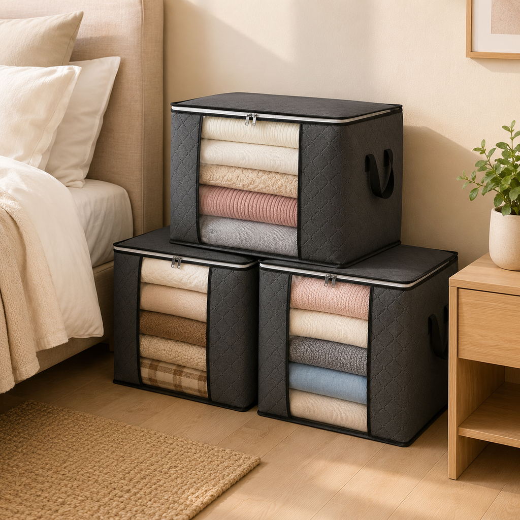 Large Storage Bags – 1/2/3 Pieces 90L Foldable Closet Organizers with Reinforced Handles & Transparent Window