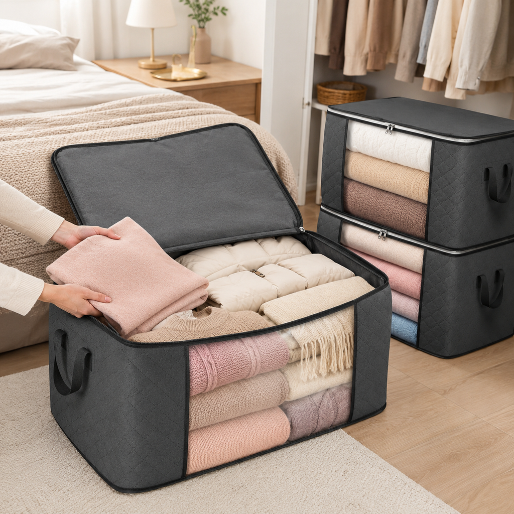 Large Storage Bags – 1/2/3 Pieces 90L Foldable Closet Organizers with Reinforced Handles & Transparent Window