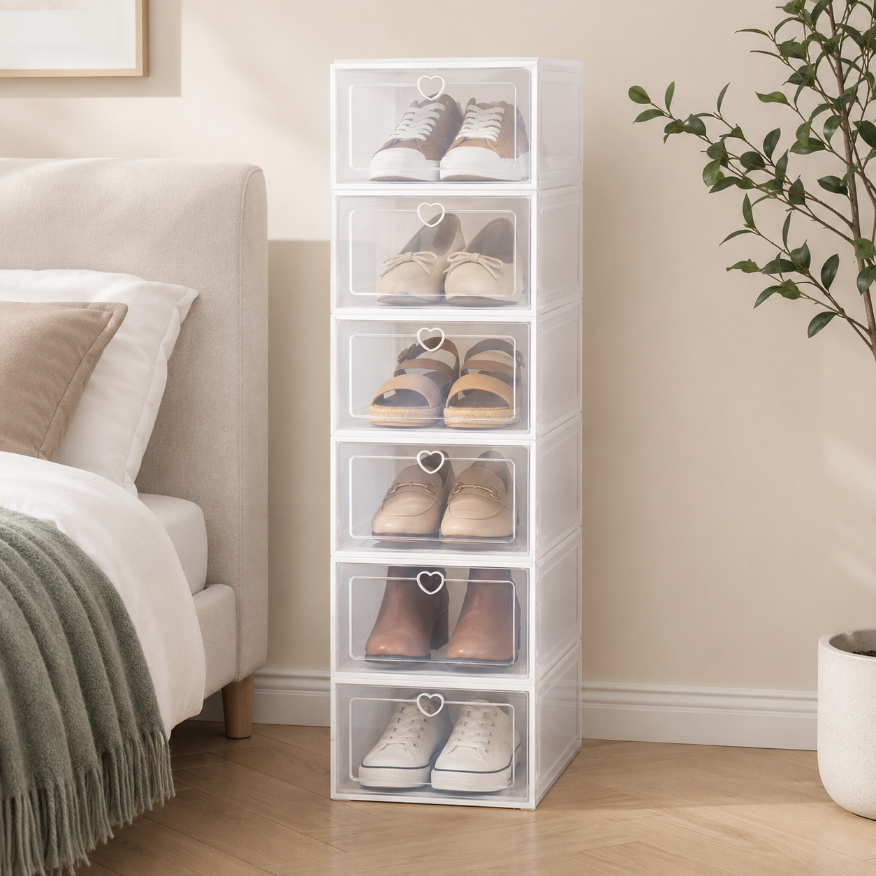 6 Pack | Stackable Plastic Shoe Storage Boxes – Transparent Drawer-Style Dustproof Shoe Organizer | 6 Pack