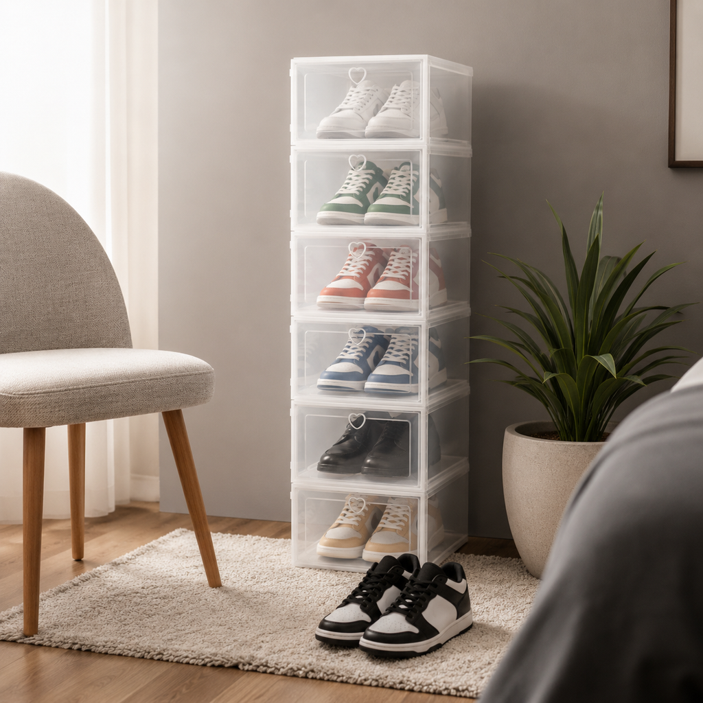 6 Pack | Stackable Plastic Shoe Storage Boxes – Transparent Drawer-Style Dustproof Shoe Organizer | 6 Pack