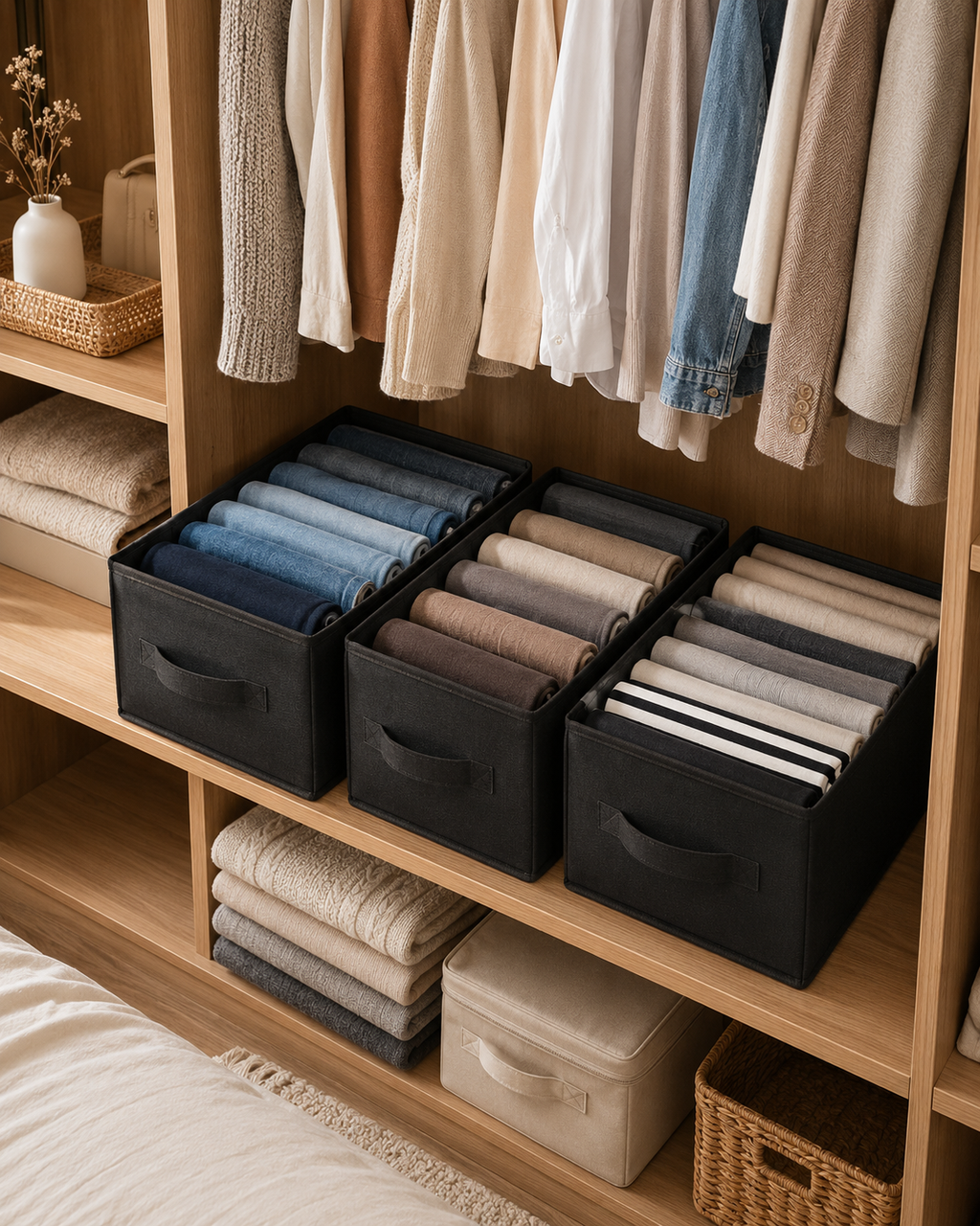 7-Grid Foldable Wardrobe Storage Boxes – Collapsible Closet Organizer for Clothes, Jeans & Accessories | Grey | 1, 2 or 3 Pack