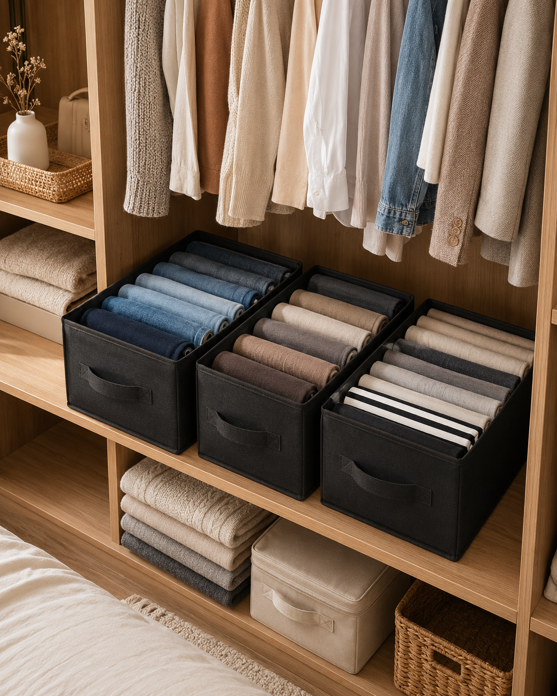 7-Grid Foldable Wardrobe Storage Boxes – Collapsible Closet Organizer for Clothes, Jeans & Accessories | Grey | 1, 2 or 3 Pack