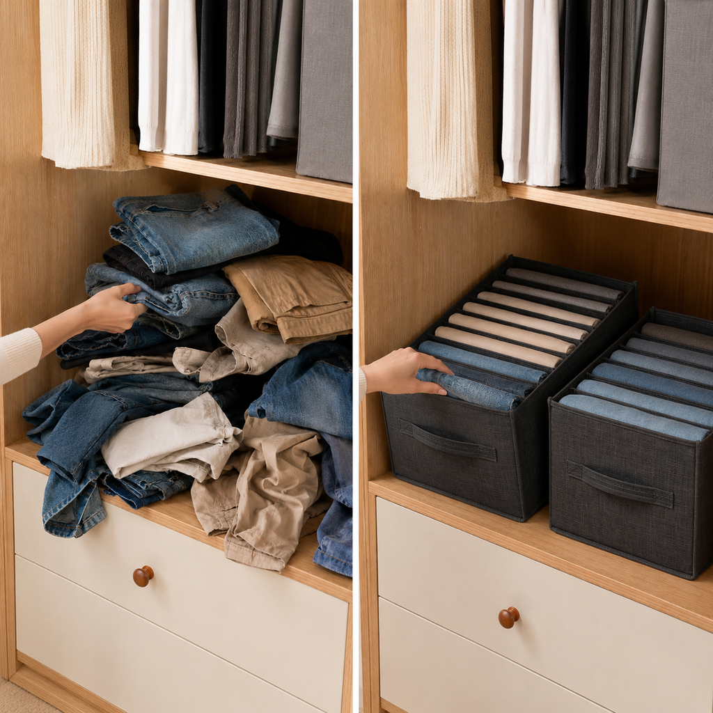 7-Grid Foldable Wardrobe Storage Boxes – Collapsible Closet Organizer for Clothes, Jeans & Accessories | Grey | 1, 2 or 3 Pack